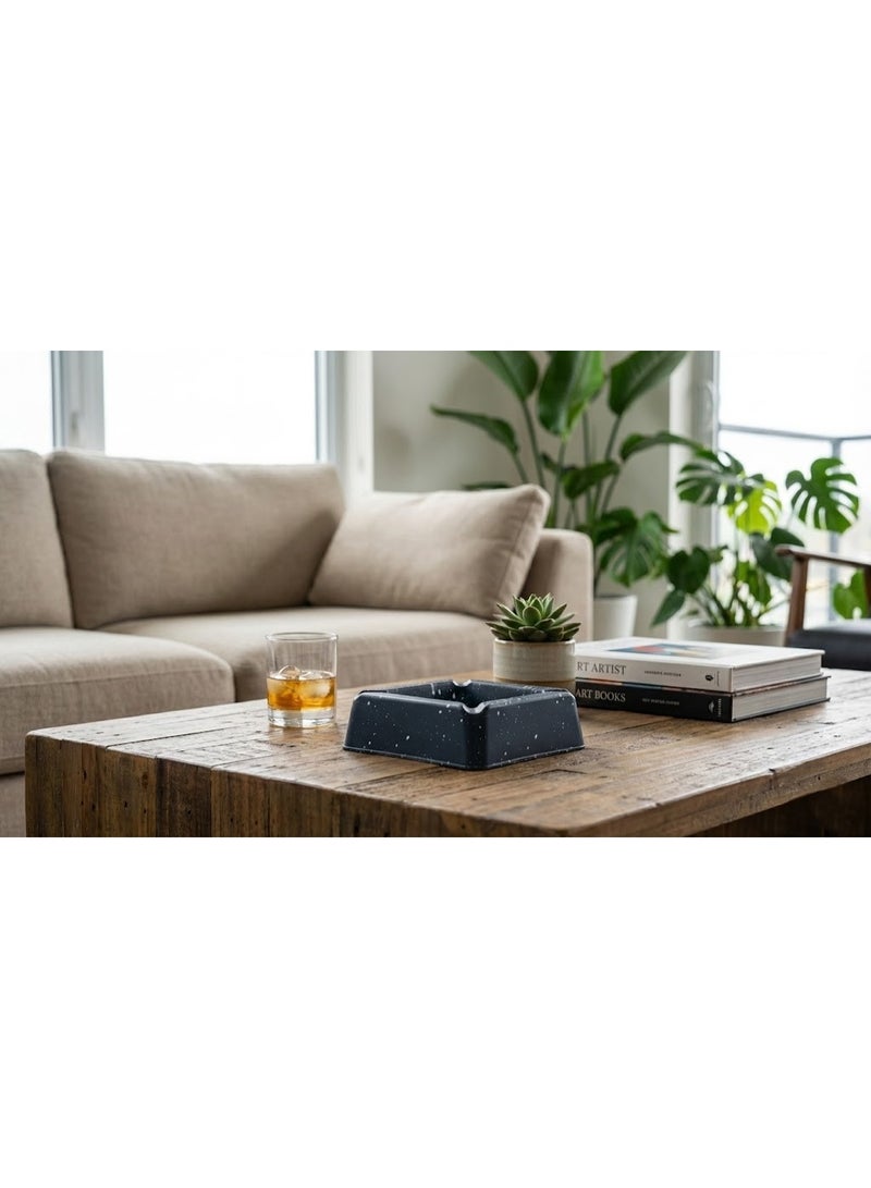 طفاية سجائر مربعة غير قابلة للكسر بتصميم رخامي منقط - مطفأة سجاير بلاستيك بـ 4 فتحات للمنزل والمكتب والديكور - لون أزرق كحلي غامق - Image 2